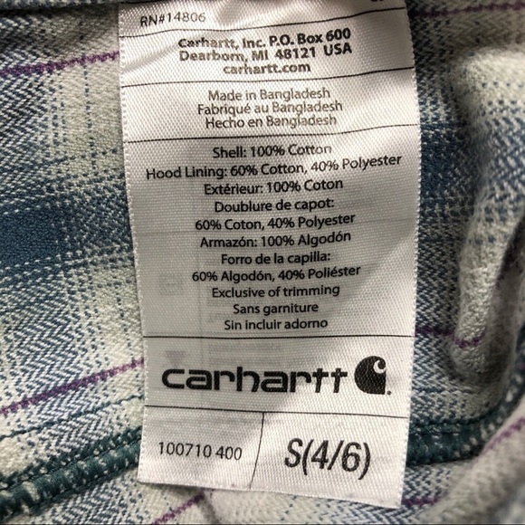 CARHARTT 100% Cotton Blue, Gray, White, Purple Plaid Hooded Shacket - Size Small - Picture 7 of 8